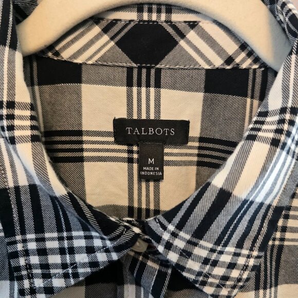 TALBOTS LONG SLEEVE SHIRT BLACK WHITE SILVER THREAD SHIMMER SIZE MEDIUM - Picture 2 of 9